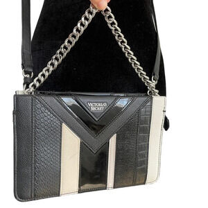 Victorias Secret Python Stripe Black White Crossbody Clutch Purse Chain
